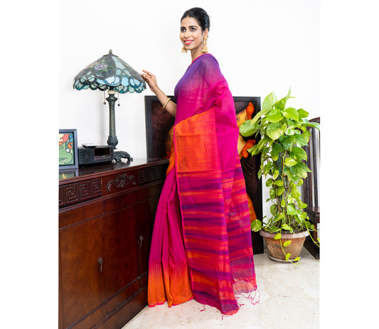 Handloom Ikkat Saree - Orange & Navy Blue on Purple - ArtisanSoul