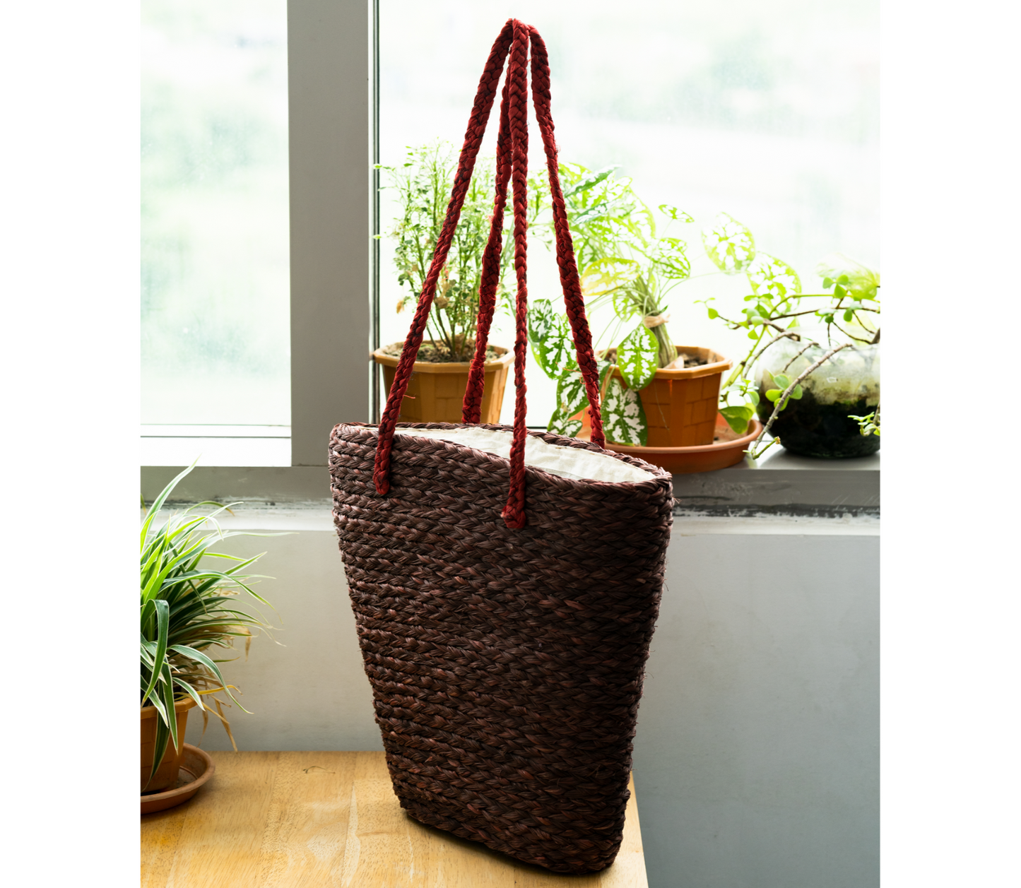 Multi Utility Cloth Lining Bag of Sabai Grass- Brown with Maroon Handel - ArtisanSoul