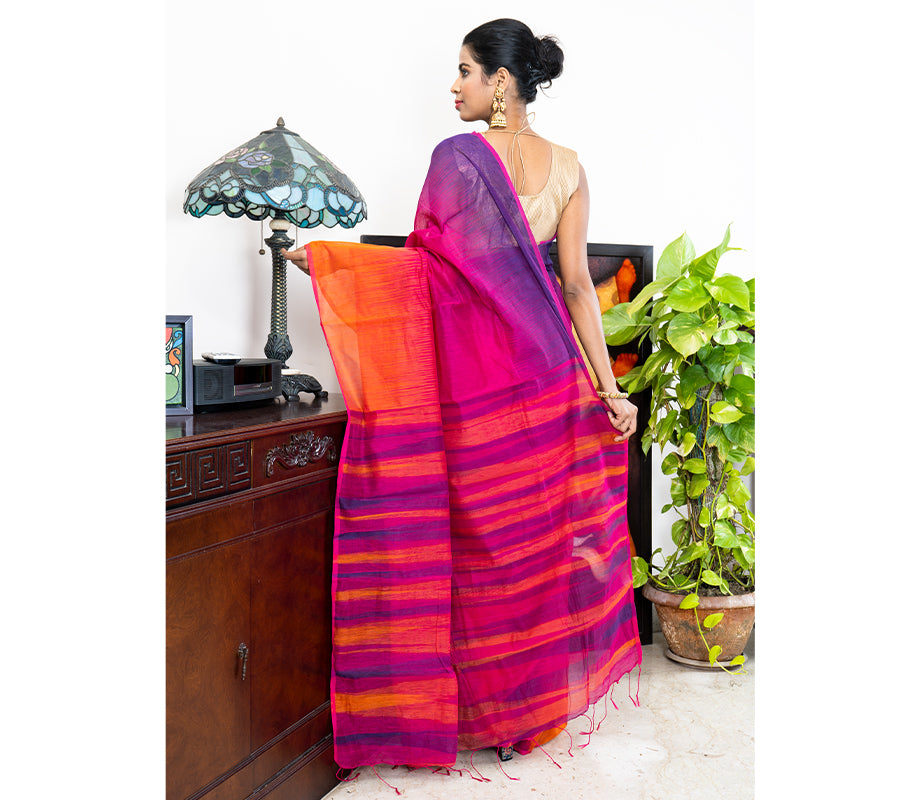Handloom Ikkat Saree - Orange & Navy Blue on Purple - ArtisanSoul