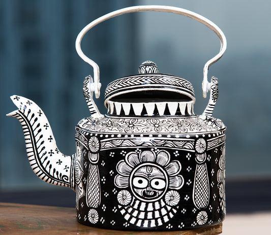 Pattachitra on Aluminium Kettle from Odisha - Black and White - ArtisanSoul