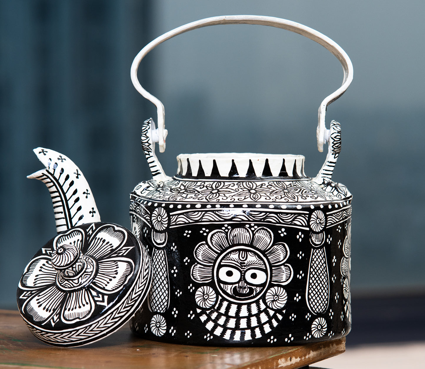 Pattachitra on Aluminium Kettle from Odisha - Black and White - ArtisanSoul