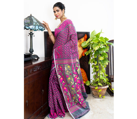 Handloom Jamdani Saree - Purple on Grey - ArtisanSoul
