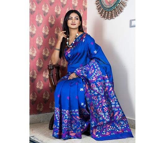 Handloom Cotton Silk Saree with Flower Patterns - Navy Blue - ArtisanSoul
