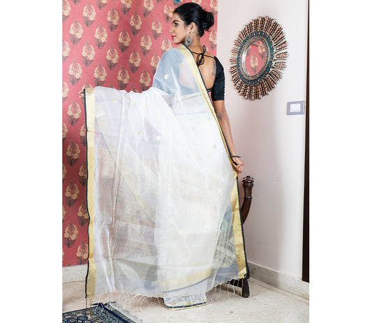Handloom Muslin Silk Saree - White - ArtisanSoul