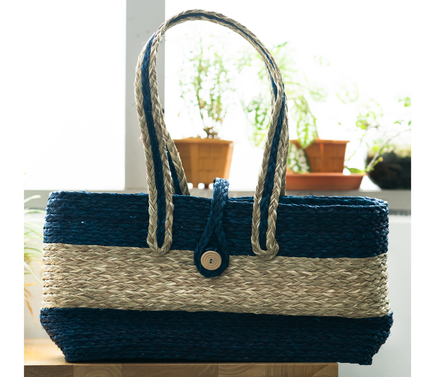 Hand bag of Sabai Grass from Bengal - Natural & Blue - ArtisanSoul