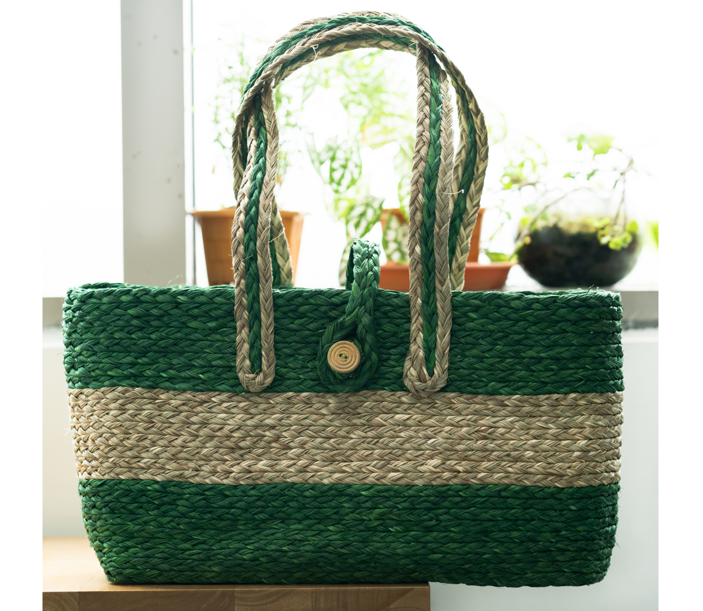 Rectangular Hand Bag of Sabai Grass - Natural & Green - ArtisanSoul