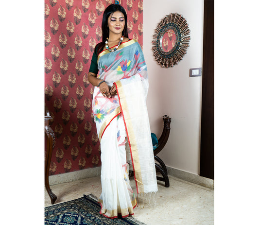 Handloom Matka Saree - White with Flower Design - ArtisanSoul