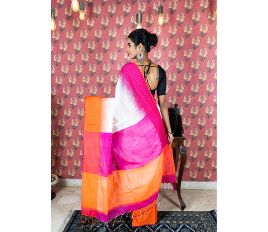 Handloom Saree With Ganga-Jamuna Par - Pink & Orange on White - ArtisanSoul