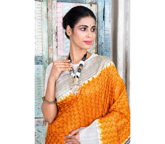 Kantha Stitch on Silk Saree with Jalchuri Pattern - Orange - ArtisanSoul
