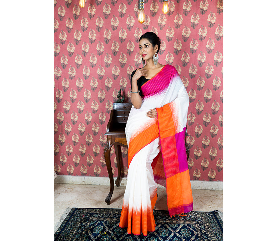 Handloom Saree With Ganga-Jamuna Par - Pink & Orange on White
