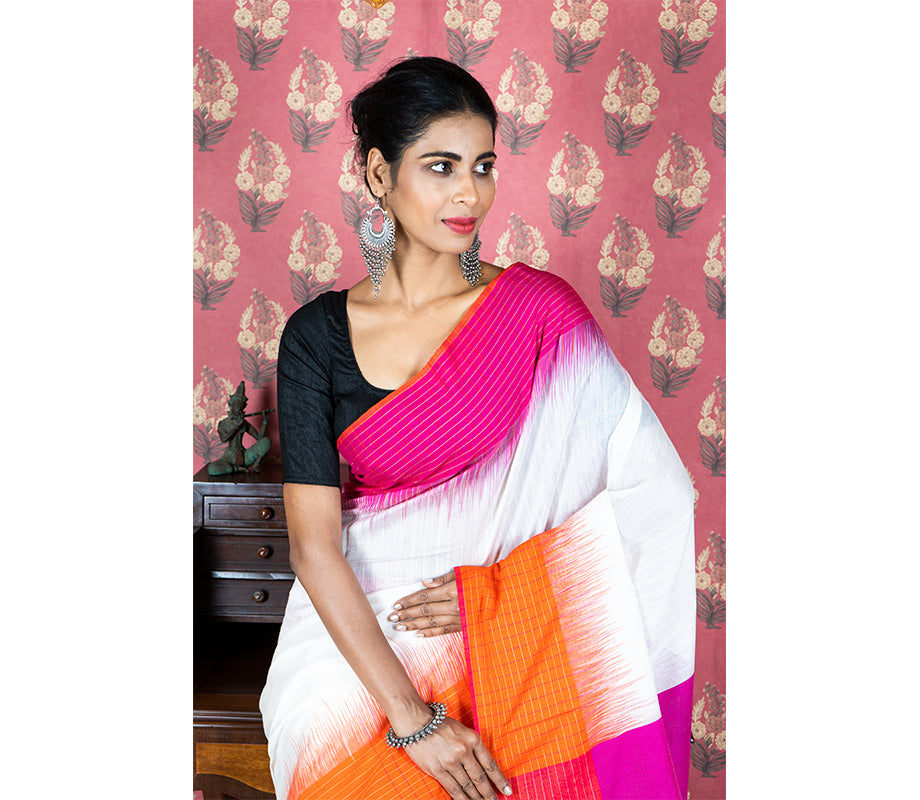 Handloom Saree With Ganga-Jamuna Par - Pink & Orange on White - ArtisanSoul
