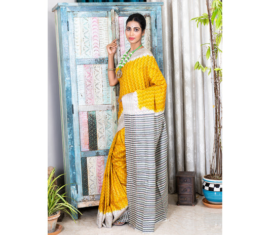 Kantha Stitch on Silk Saree with Jalchuri Pattern - Yellow - ArtisanSoul