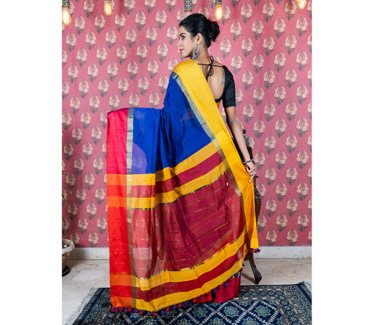 Handloom Saree with Red & Yellow Par on Blue - ArtisanSoul
