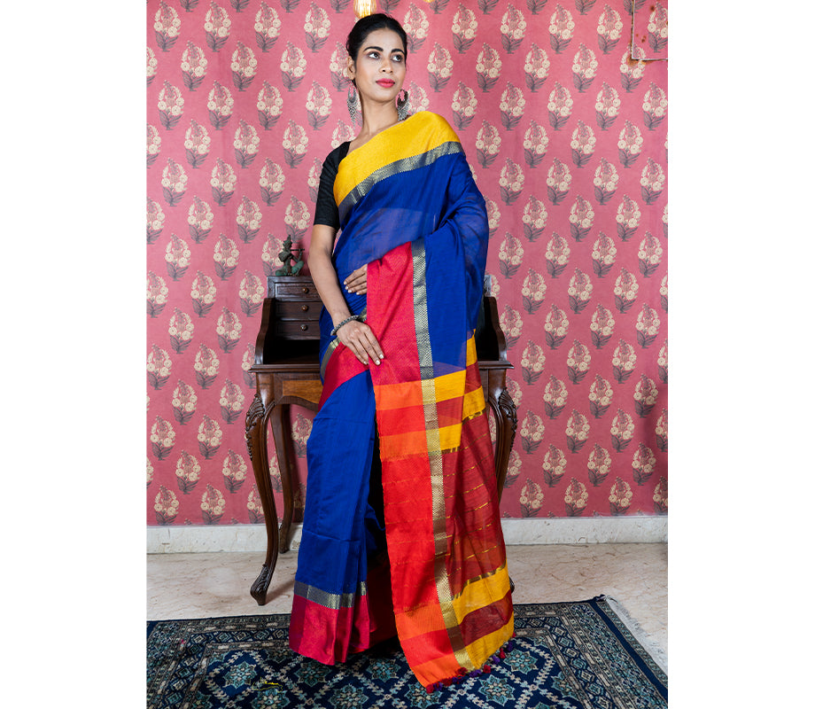 Handloom Saree with Red & Yellow Par on Blue - ArtisanSoul