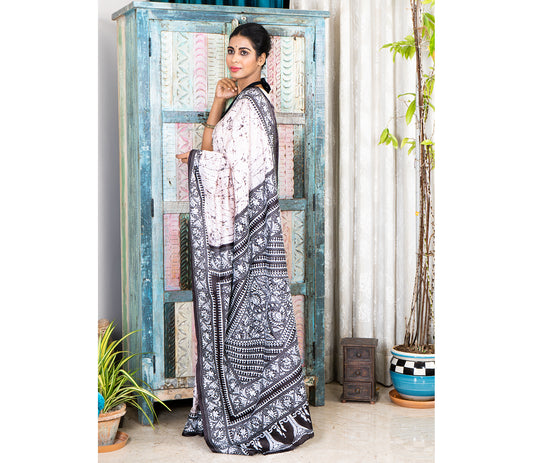 Kantha Stitch Work on Batik Printed Saree - White and Black - ArtisanSoul