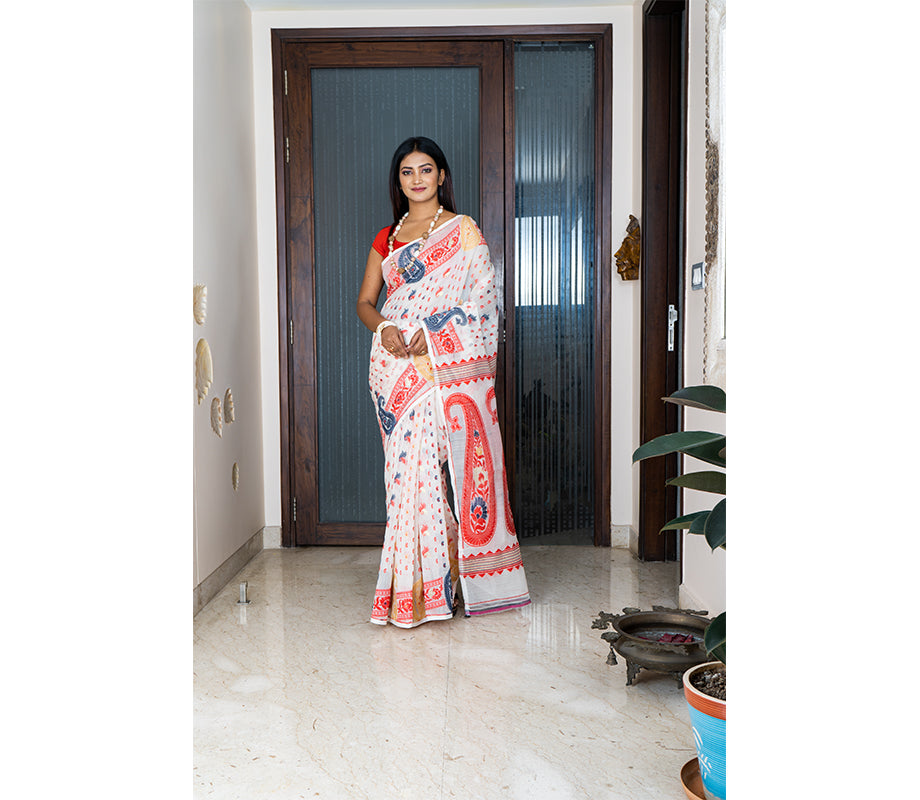 Handloom Jamdani Saree with all body Work - Red & Blue on White - ArtisanSoul
