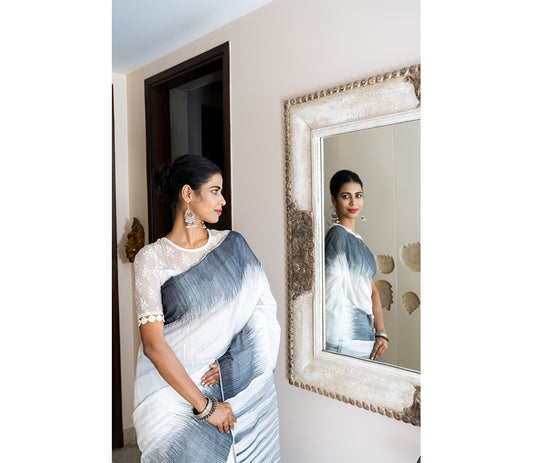 Handloom Ikkat Saree - Black on White - ArtisanSoul
