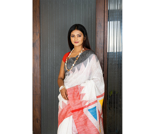 Handloom work on Linen Jamdani - White and Red - ArtisanSoul