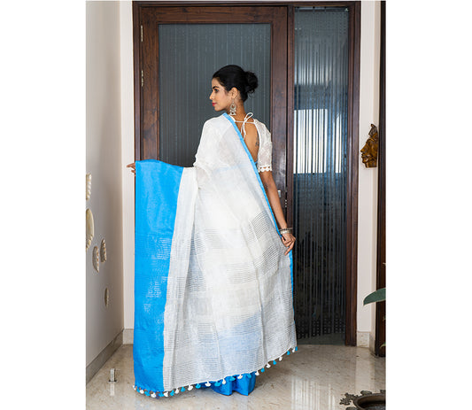 Linen Saree with Mahapaar - Blue and White - ArtisanSoul