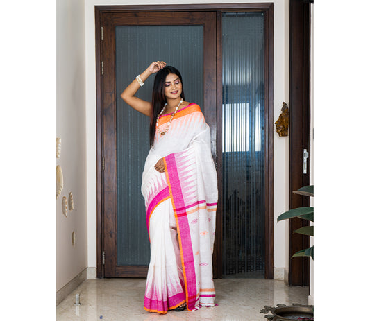 Linen Saree with Jamdani Work - Off White - ArtisanSoul