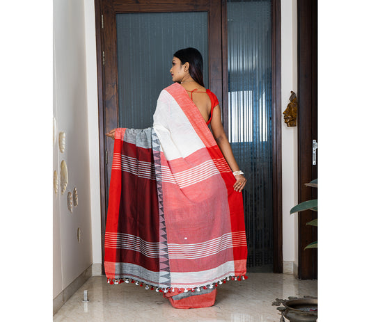 Handloom Cotton Saree with Maddhabani Design in Maroon - ArtisanSoul