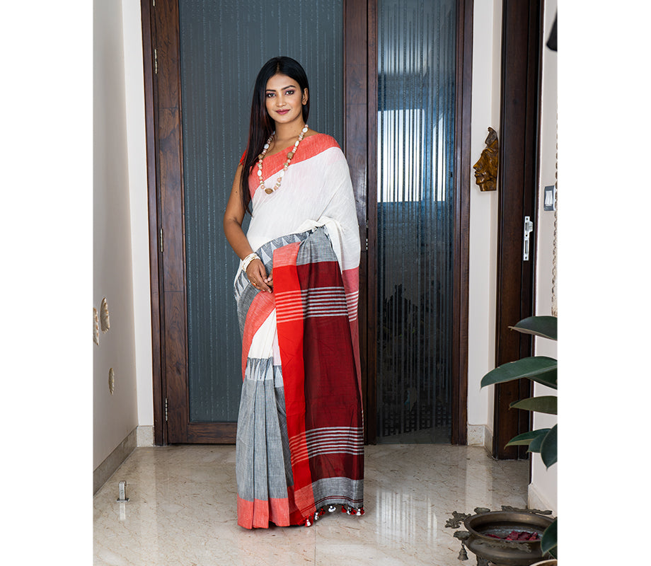 Handloom Cotton Saree with Maddhabani Design in Maroon - ArtisanSoul