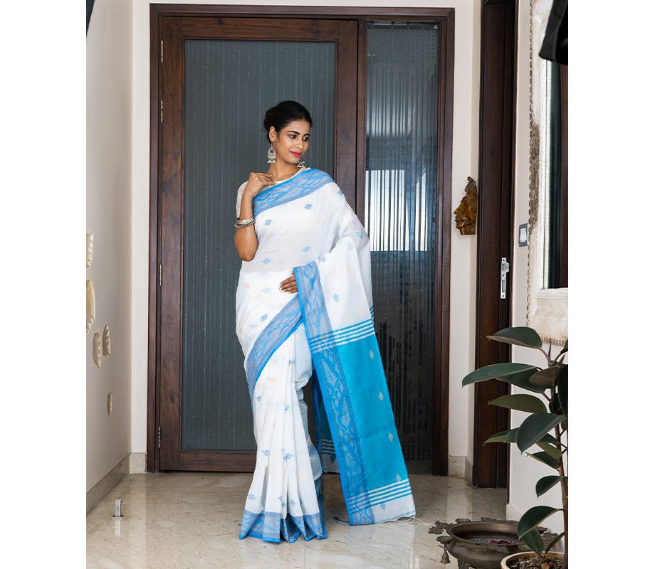 Handloom Saree with Work all Over the Saree - Blue and White - ArtisanSoul