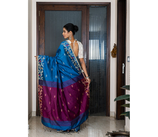 Handloom Saree with all Over work on the Saree - Marlin Blue and Purple - ArtisanSoul