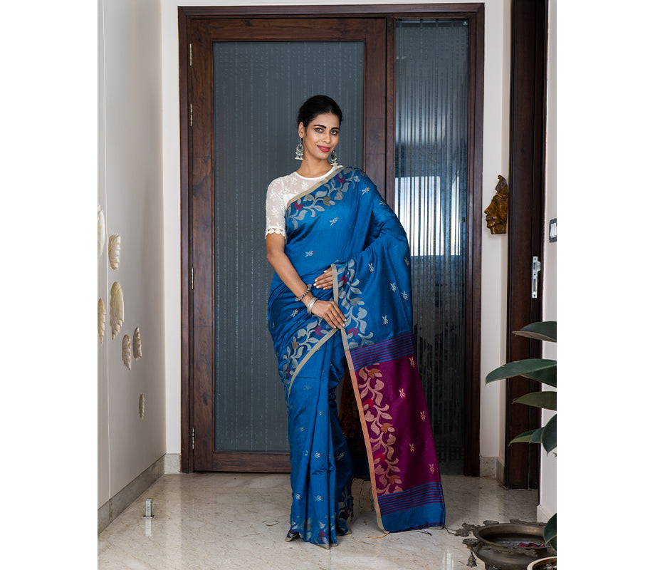 Handloom Saree with all Over work on the Saree - Marlin Blue and Purple - ArtisanSoul