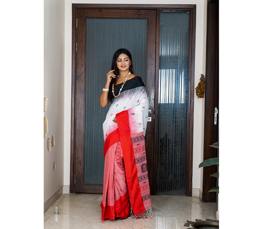 Handloom Cotton Saree with Anchal Kuchi Design in Red and Black on White - ArtisanSoul