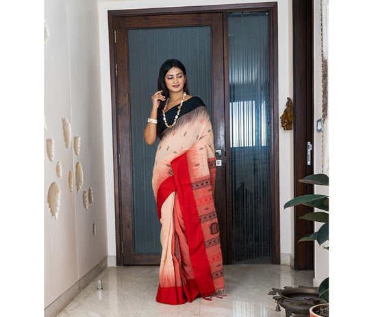 Handloom Cotton Saree with Anchal Kuchi Design in Red - ArtisanSoul