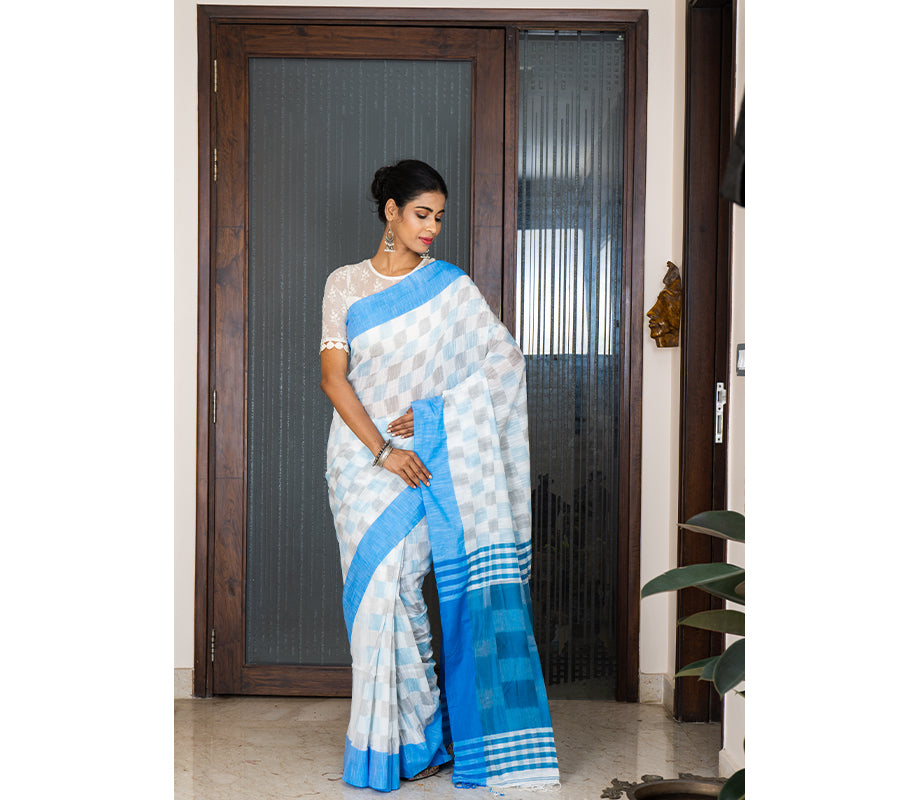 Handloom Cotton Saree with Jaba Kaj/Design - White & Blue - ArtisanSoul