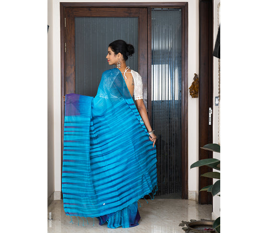 Handloom Ikkat Saree - Navy Blue on Blue - ArtisanSoul