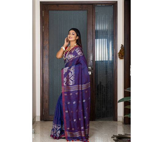 Linen Saree with Jamdani Work - Violet - ArtisanSoul
