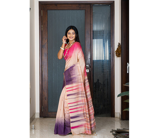 Handloom Ikkat Saree - Pink and Navy Blue on Peach - ArtisanSoul