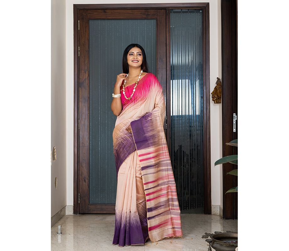 Handloom Ikkat Saree - Pink and Navy Blue on Peach - ArtisanSoul