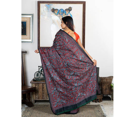 Kantha Stitch on Black Saree - ArtisanSoul