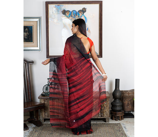 Handloom Ikkat Saree - Black on Brick Red - ArtisanSoul