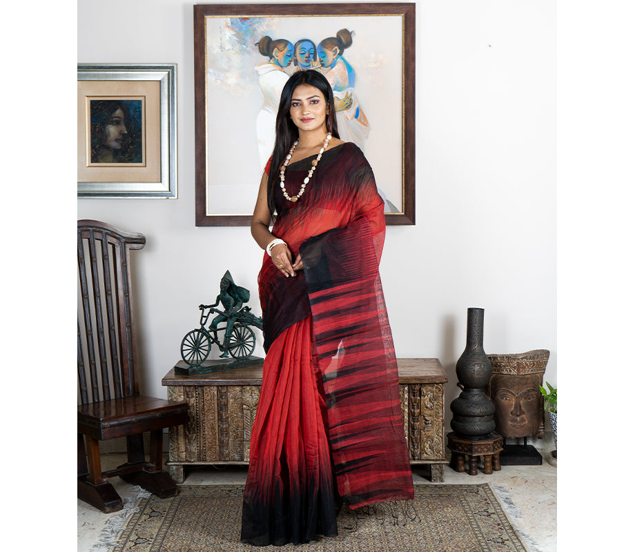 Handloom Ikkat Saree - Black on Brick Red - ArtisanSoul