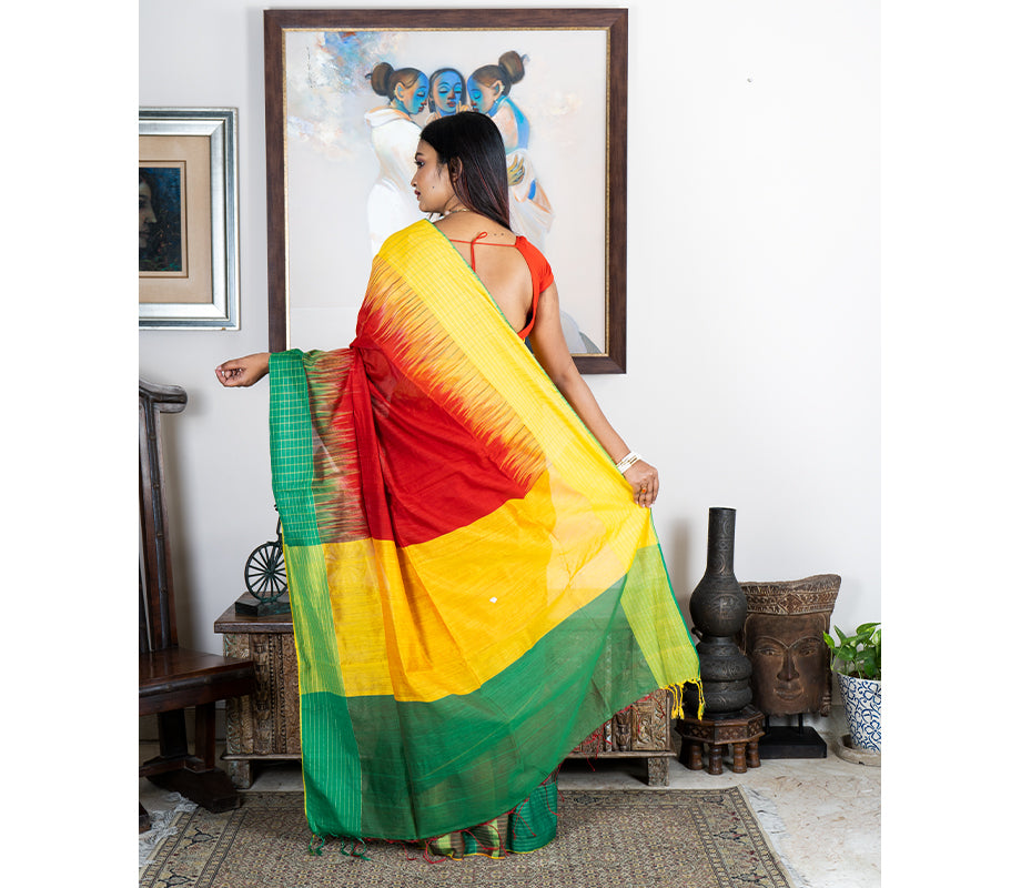 Handloom Saree With Ganga-Jamuna Par - Yellow & Green on Red - ArtisanSoul