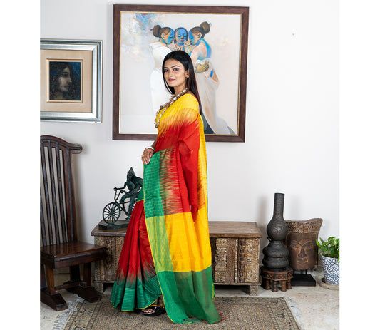 Handloom Saree With Ganga-Jamuna Par - Yellow & Green on Red - ArtisanSoul