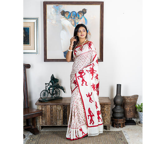 Kantha Stitch Applique Design Saree - Red on Tussar - ArtisanSoul