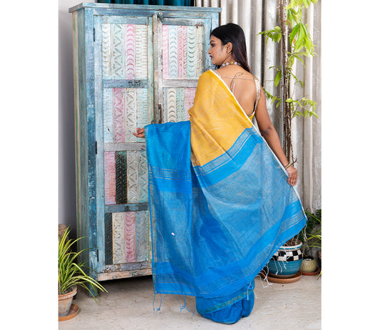 Handloom Silk Saree - Ochre and Blue - ArtisanSoul
