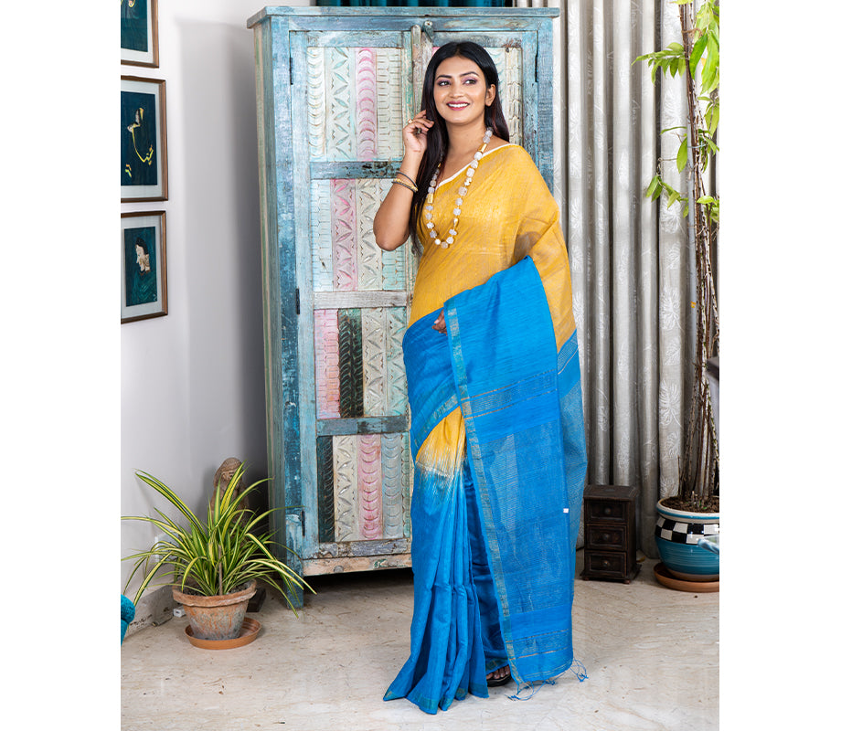 Handloom Silk Saree - Ochre and Blue - ArtisanSoul