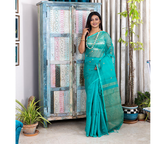 Handloom Muslin Silk Saree - Cyan Blue - ArtisanSoul
