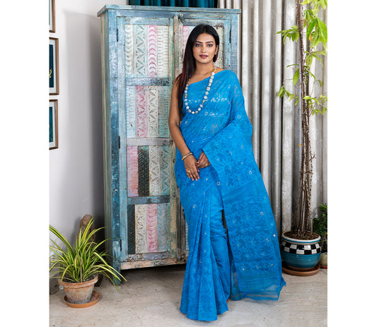 Handloom Jamdani Saree With all Body Work - Blue - ArtisanSoul
