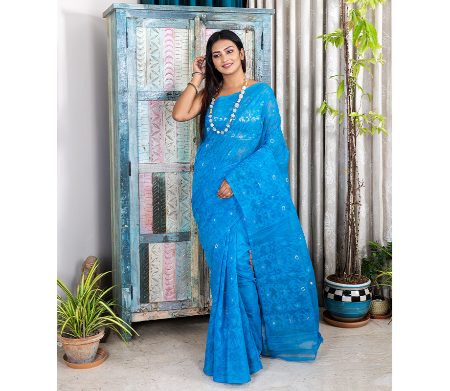 Handloom Jamdani Saree With all Body Work - Blue - ArtisanSoul