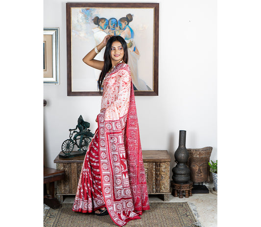 Kantha Stitch Work on Batik Printed Saree - Red & White - ArtisanSoul