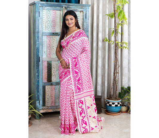 Handloom Jamdani Saree - Pink on White - ArtisanSoul