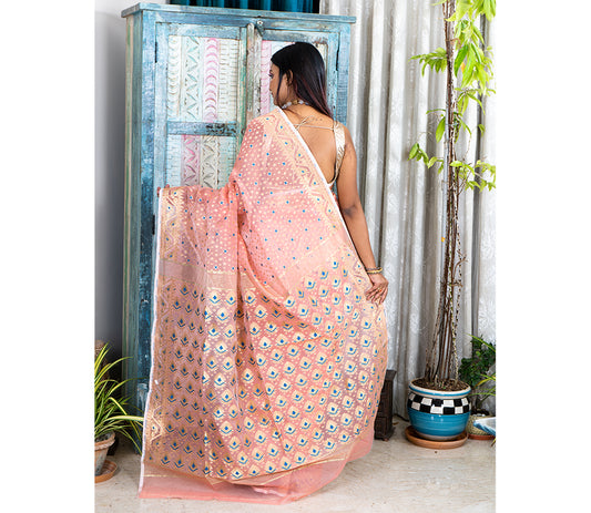 Handloom Muslin Silk - Pink with Minakari Design - ArtisanSoul